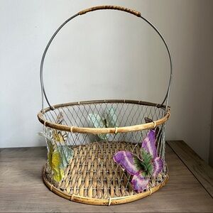 Vintage Basket Butterfly Wooden Woven Wire Fairy Cottagecore